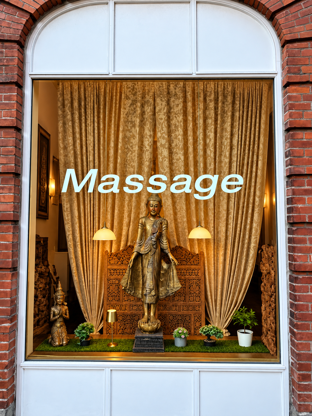 Thailandsk Buddha-dekoration i vinduet hos Amazing Golden Thai Massage